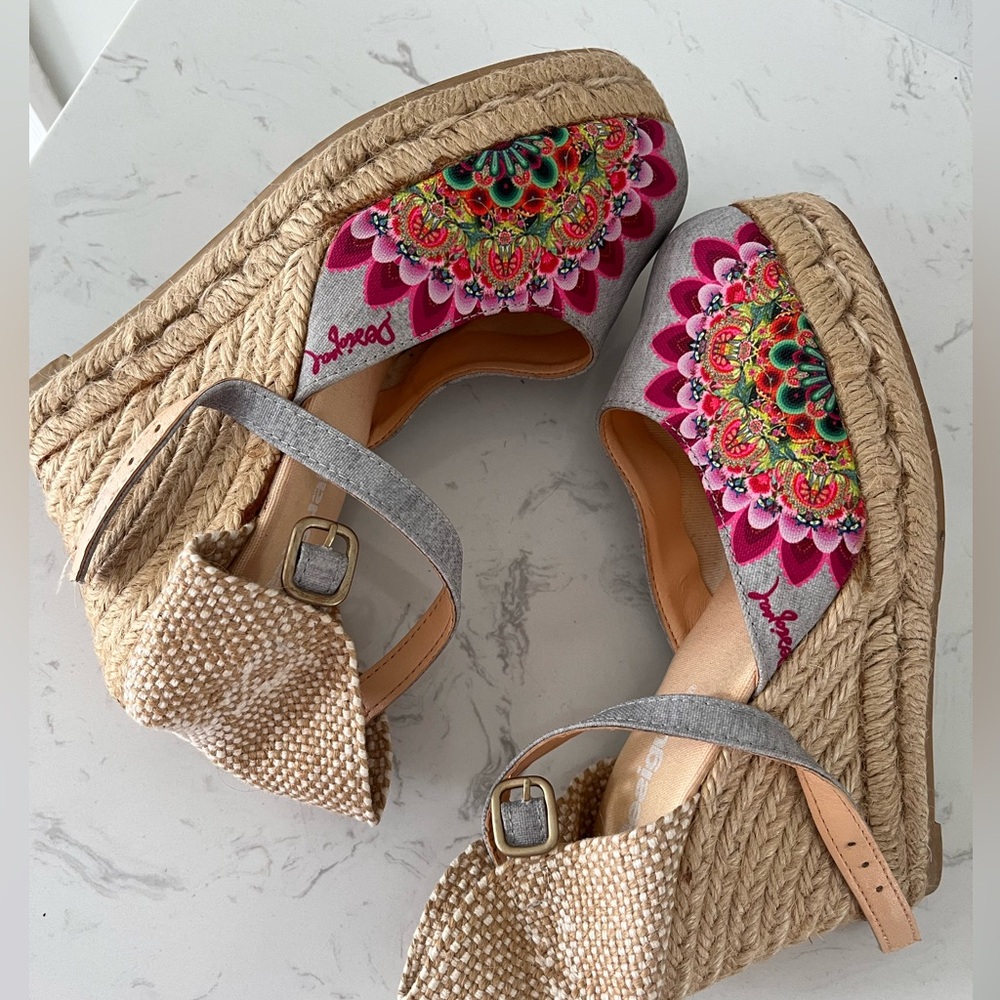 Wedge Espadrille Sandals with Pink Floral Embroidery